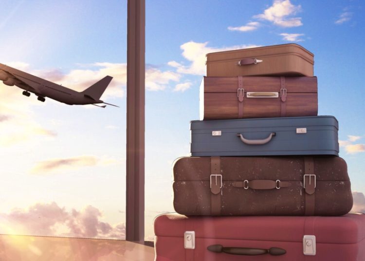 travel bags and airplane in sky