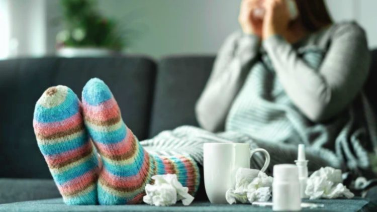 Sick woman with flu, cold, fever and cough sitting on couch at home. Ill person blowing nose and sneezing with tissue and handkerchief. Woolen socks and medicine. Infection in winter. Resting on sofa. (Sick woman with flu, cold, fever and cough sittin