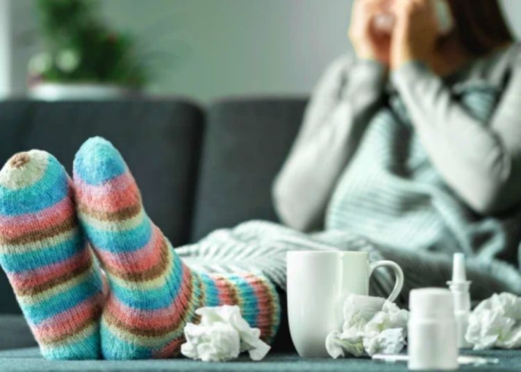 Sick woman with flu, cold, fever and cough sitting on couch at home. Ill person blowing nose and sneezing with tissue and handkerchief. Woolen socks and medicine. Infection in winter. Resting on sofa. (Sick woman with flu, cold, fever and cough sittin