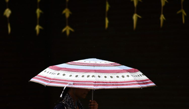 epa10224419 A woman walks with an umbrella during the rain, in Chennai, India, 05 October 2022. The Indian Meteorological Department (IMD) has predicted light to moderate rainfall and isolated heavy rainfall with thunderstorms over the next few days at isolated places in the state of Tamil Nadu.  EPA/IDREES MOHAMMED